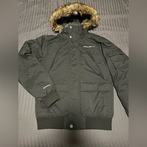 Eddie Bauer Men's Size Small Black Down Bomber Parka Jacket with Fur Hood